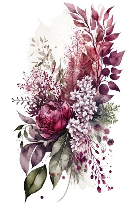 Watercolor Illustration of a Loose Floral Border Bouquet in a Magenta Pink Color Palette on a ...