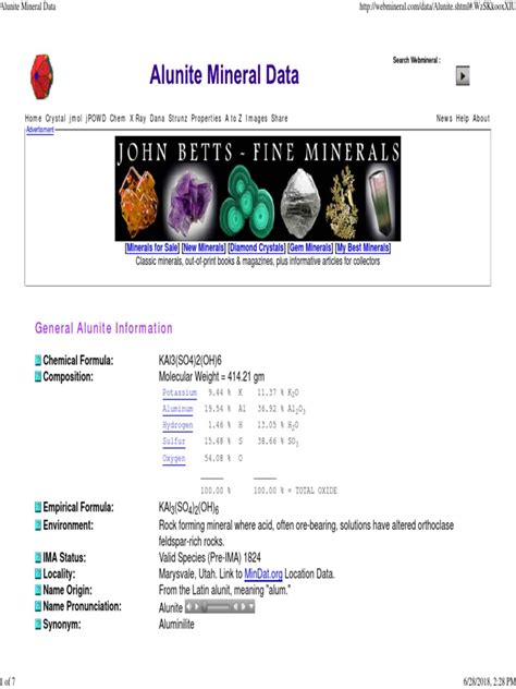 Alunite Mineral Data | PDF | Mineralogy | Minerals