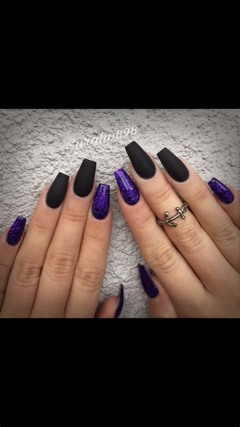 Black And Purple Nails, Purple Glitter Nails, Purple Acrylic Nails, Matte Black Nails, Acrylic ...