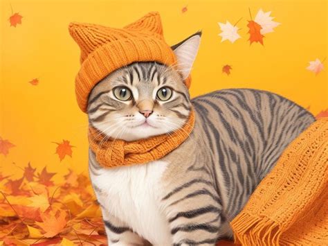 Premium AI Image | Cute Cat Dressed in a Fall Autumn Scarf and Hat on an Orange Background with ...