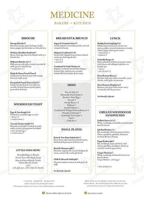 Menu at Medicine Bakery, Wolverhampton