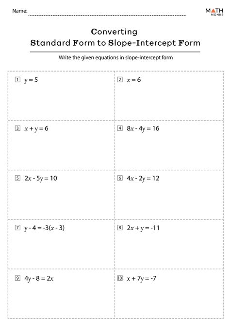 Slope Intercept Form Worksheets with Answer Key