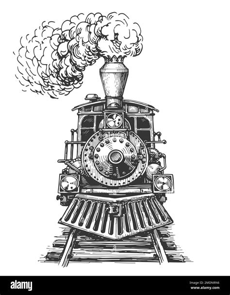 Hand drawn retro train, sketch. Vintage steam locomotive, engraving ...