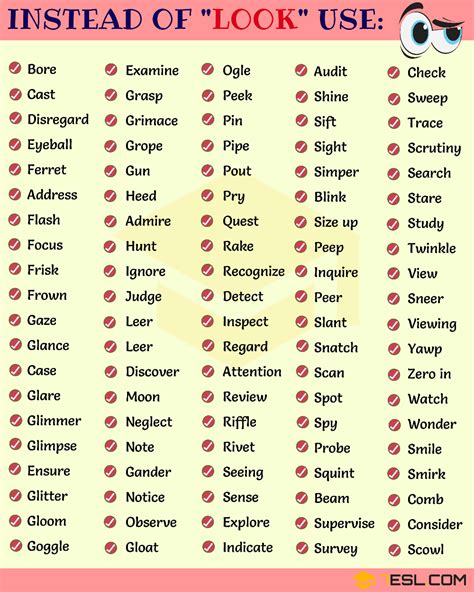 LOOK Synonym: 100 Synonyms for LOOK in English • 7ESL | Writing words, Book writing tips, Words ...