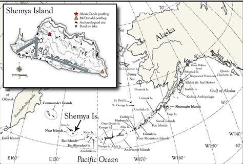 shemya Island (Aleutian archipelago) with location of peat bogs and ...