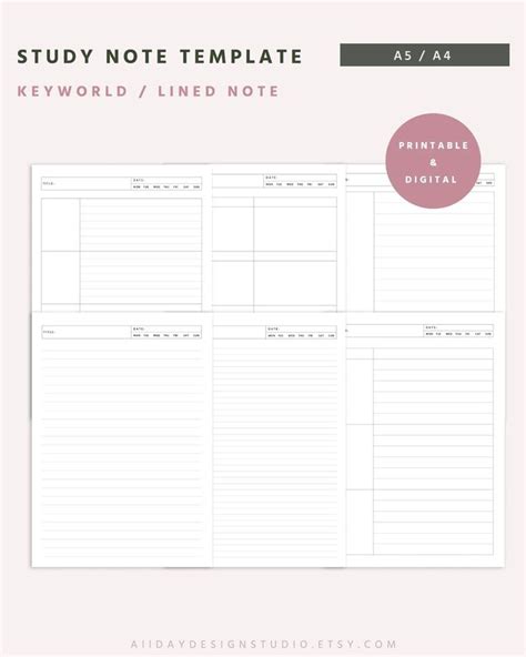 A5 Study Note Template, Study Paper Note, Lecture Note Template, A4 Printable Note Inserts ...