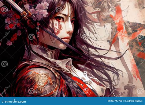 Anime Samurai Girl Portrait Close-up. Generative AI Stock Illustration - Illustration of cartoon ...