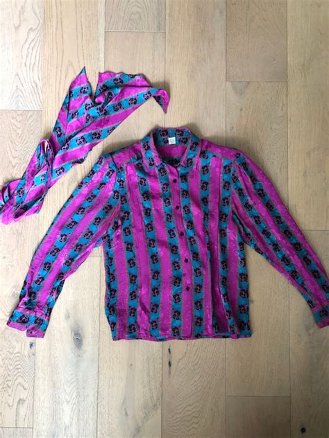 1980’s all silk floral magenta and teal striped neck … - Gem