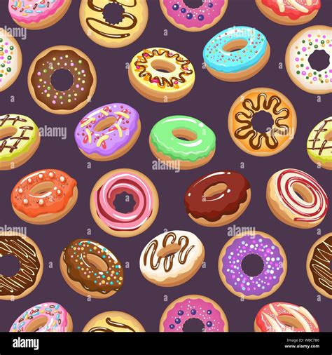 Cartoon donut background. Assorted donuts food seamless pattern, colour ring donutes with sugar ...