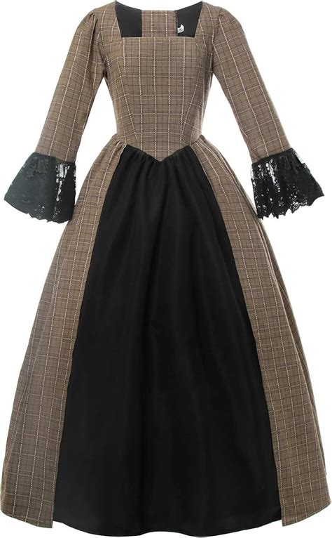 Nuoqi Pioneer Colonial Costume Dress 19th Civil War Lace Sleeves Plaid Prairie Costume: Amazon ...