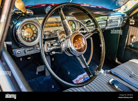 Des Moines, IA - July 02, 2022: Close up detail interior view of a 1951 ...