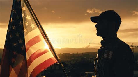 Silhouette of Military Salute of Soldier for Memorial Day Against Flag ...