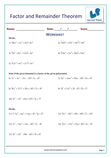 Remainder Theorem Worksheet : Dividing Polynomials And The Remainder ...