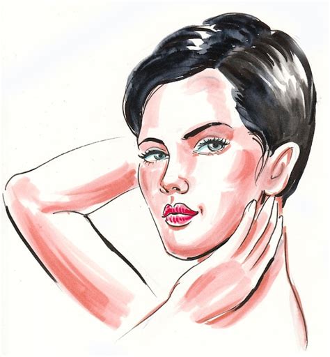 Premium Photo | Beautiful brunette woman. ink and watercolor drawing