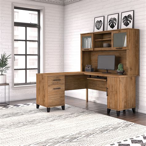 Bush Furniture Somerset 60 in L Desk with Hutch, Keyboard Tray, File and Storage in Fresh Walnut ...