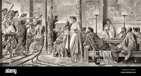 The Symposium or drinking party at the house of the tragedian Agathon in Athens, by Plato ...