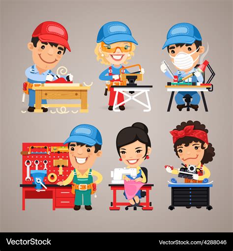 Set cartoon workers at their work desks Royalty Free Vector