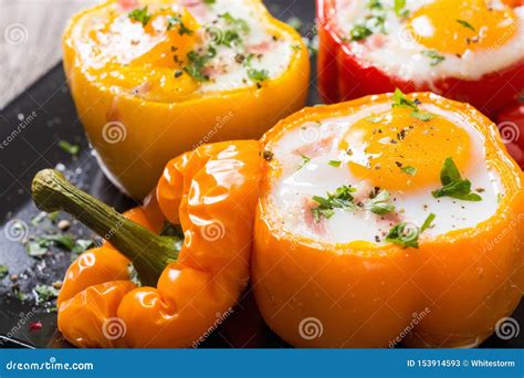 Baked Pepper Stuffed with Bacon and Eggs Stock Image - Image of breakfast, meal: 153914593