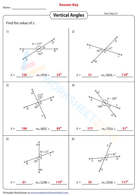 Vertical Angles Worksheet