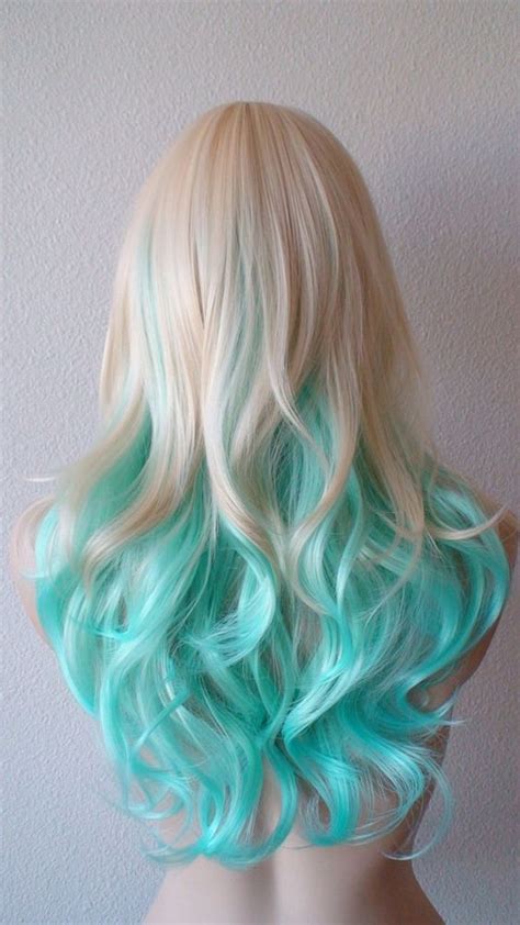 Blonde /Teal Ombre wig. Medium length curly hair long side bangs blonde light blue Ombre colored ...