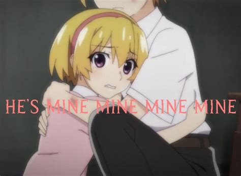 two anime characters hugging each other with the caption he's mine mine ...