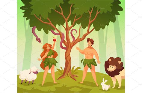 Adam and eve. Bible story scene | Animal Illustrations ~ Creative Market