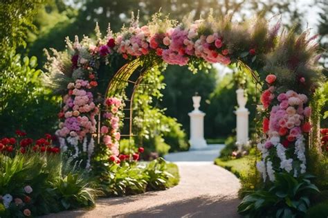 Premium AI Image | A garden arch with roses and greenery.