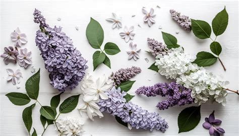 Premium Photo | A white and purple lilac flower arrangement with green leaves on a white background.