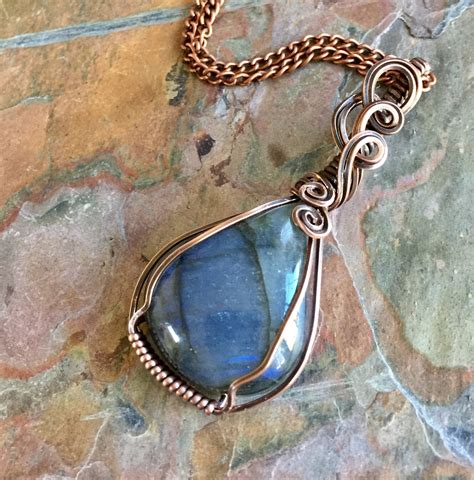 Wire Wrapped Labradorite Necklace in antique Copper,Blue Flashing Labradorite Pendant Necklace ...