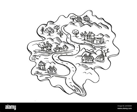 Island With River and Houses Vintage Fantasy Map Cartoon Retro Drawing ...