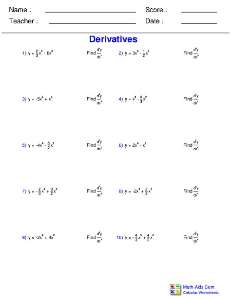 Calculus Worksheets | Differentiation Rules for Calculus Worksheets