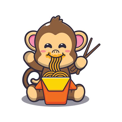 Cute monkey eating noodle cartoon vector illustration 6664356 Vector Art at Vecteezy