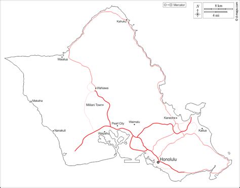 Honolulu County free map, free blank map, free outline map, free base map main cities, roads ...