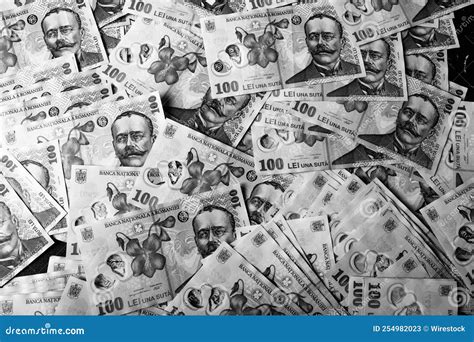 Grayscale Closeup Top View of a Pile of 100 Romanian Leu Banknotes ...