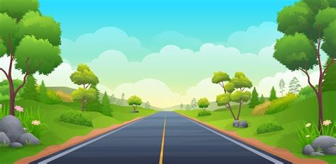 Premium Vector | Highway at summer panoramic landscape with mountain, green hill, bush and trees ...