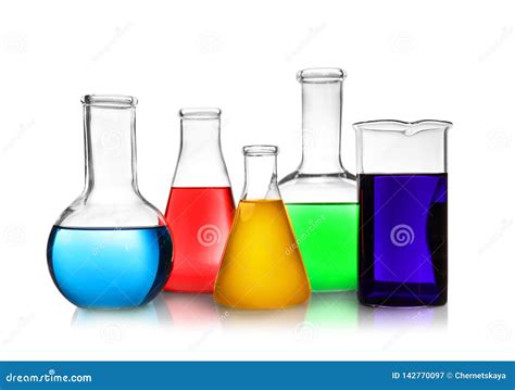 Laboratory Glassware with Different Samples on White. Solution Chemistry Stock Image - Image of ...