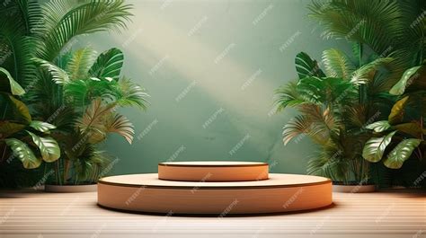 Premium AI Image | wooden oval podium in modern tropical background
