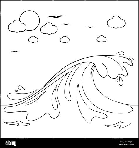 Wave in the ocean. Vector black and white coloring page Stock Vector ...