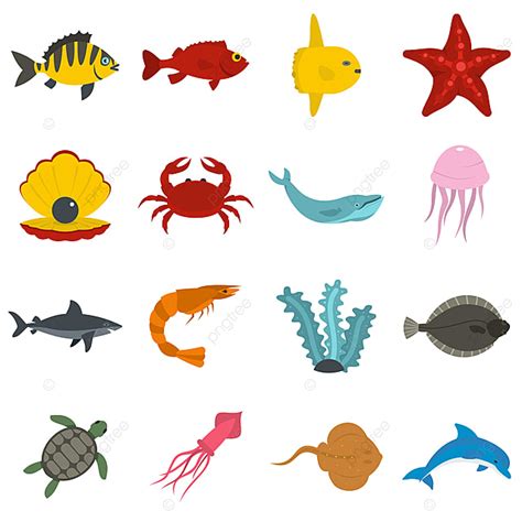 Flat Animal Set Vector Art PNG, Sea Animals Icons Set In Flat Style, Style Icons, Sea Icons, In ...