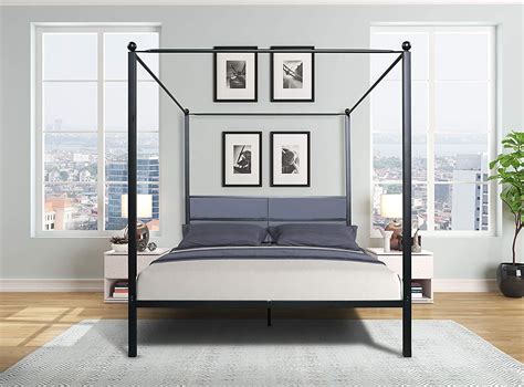 ModernLuxe Queen Canopy Metal Upholstered Bed Frame with Four Posters ...