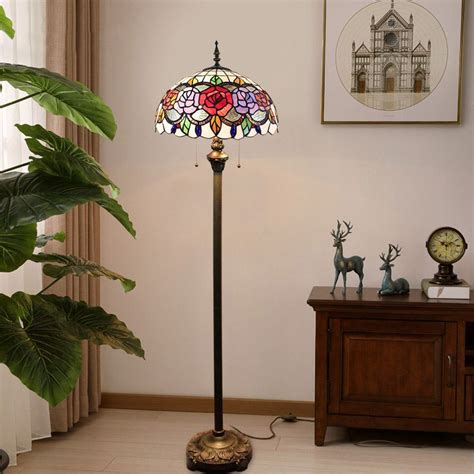 Stained Glass Floor Lamp Handmade Stained Glass Shade Standard Lamp Colorful Roses Design