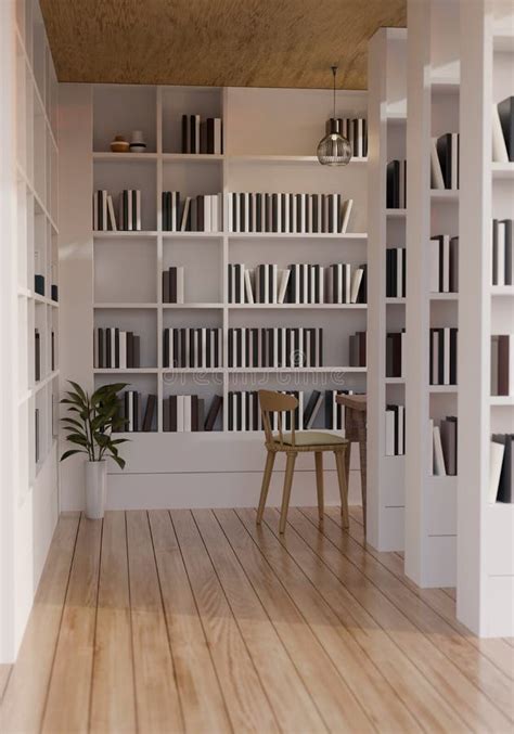 Modern Minimal White Library or Bookstore Interior Design with Built-in Bookshelves Stock ...