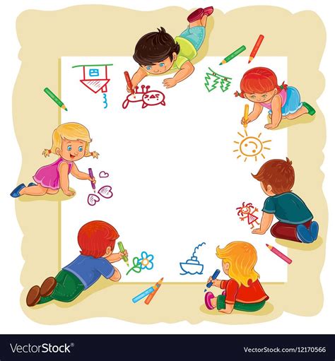 Happy children together draw on a large sheet of Vector Image | Boy and ...