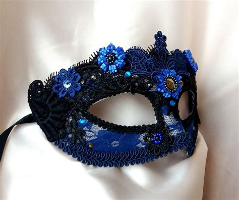 Navy Blue Masquerade Mask with Lace and Rhinestones Venetian | Etsy