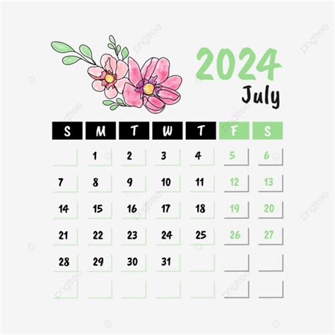 Floral Monthly Calendar For July 2024 Vector, July 2024 Calendar, July ...