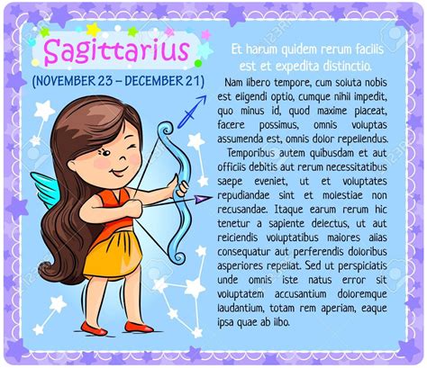 Chica que muestra signo del zodiaco "Sagitario" en un fondo azul con un bloque de texto. Foto de ...