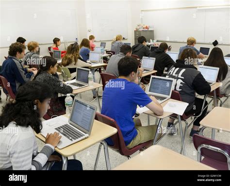 Students taking a test on laptops in a high school classroom. The test is the national PARCC ...