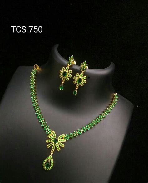 Gold Plated Green Stone Necklace Set from Temple Collections - South India Jewels