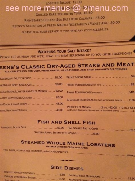 Online Menu of Keens Steakhouse Restaurant, New York, New York, 10018 - Zmenu