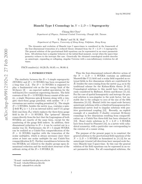 (PDF) Bianchi Type I Cosmology in N=2, D=5 Supergravity